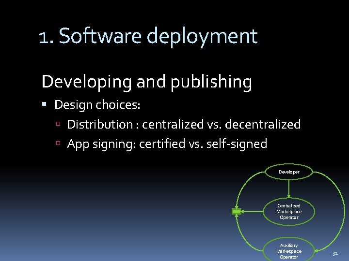 1. Software deployment Developing and publishing Design choices: Distribution : centralized vs. decentralized App