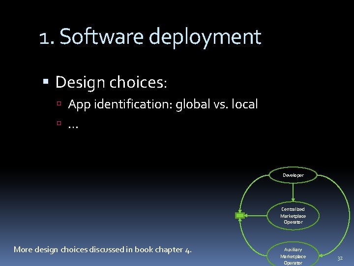 1. Software deployment Design choices: App identification: global vs. local … Developer Centralized Marketplace