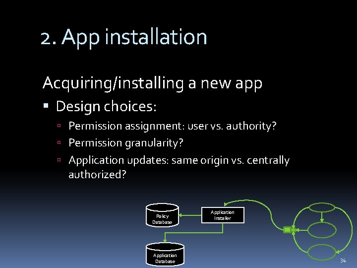 2. App installation Acquiring/installing a new app Design choices: Permission assignment: user vs. authority?