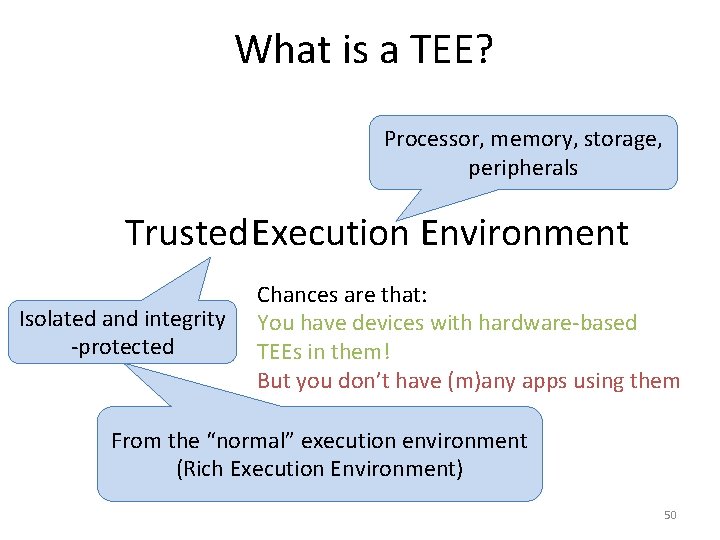 What is a TEE? Processor, memory, storage, peripherals Trusted Execution Environment Isolated and integrity