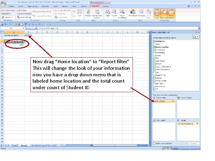 Now drag “Home location” to “Report filter” This will change the look of your