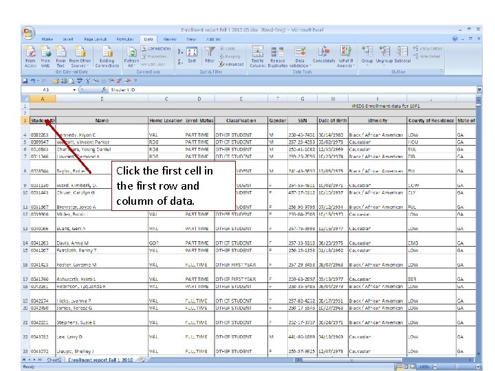 Click the first cell in the first row and column of data. 
