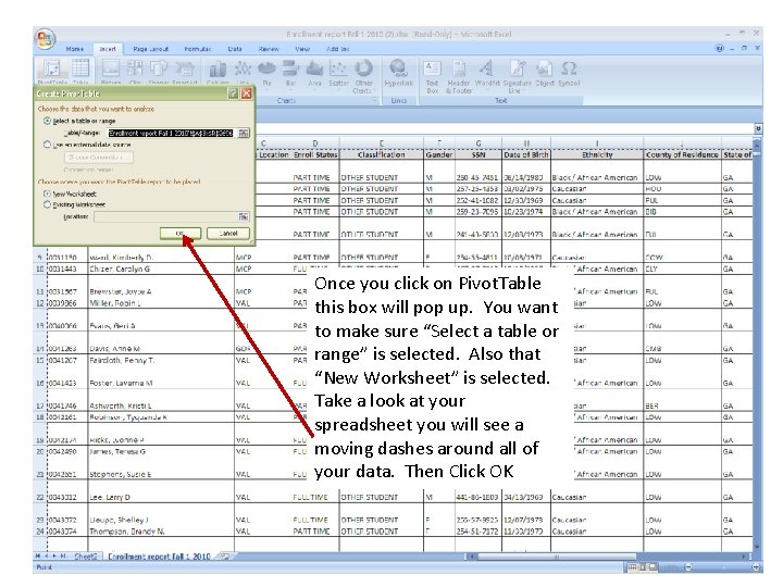 Once you click on Pivot. Table this box will pop up. You want to