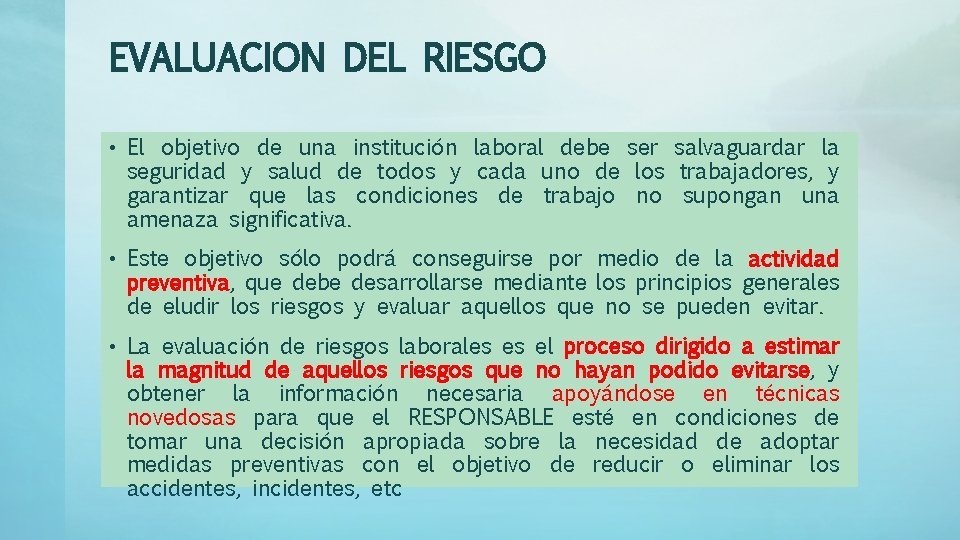 EVALUACION DEL RIESGO • El objetivo de una institución laboral debe ser salvaguardar la