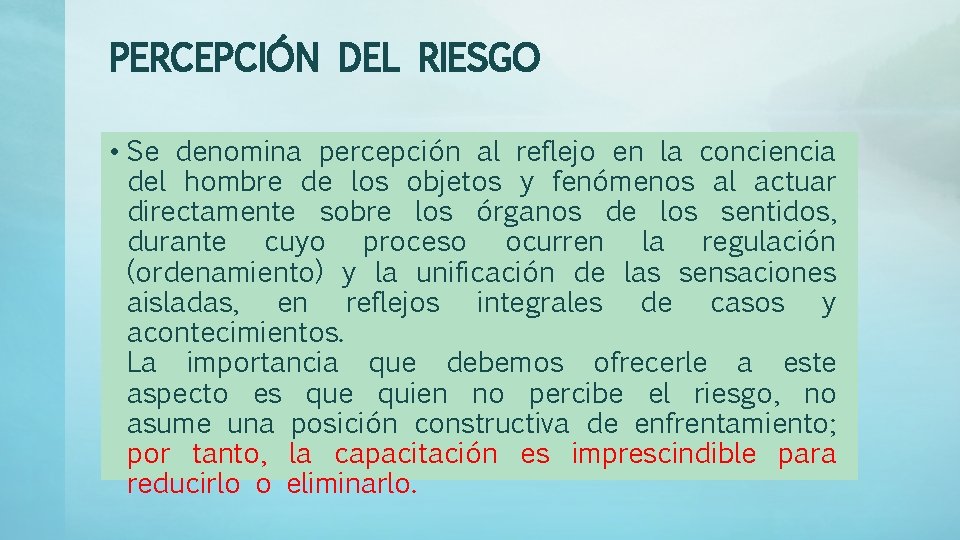 PERCEPCIÓN DEL RIESGO • Se denomina percepción al reflejo en la conciencia del hombre