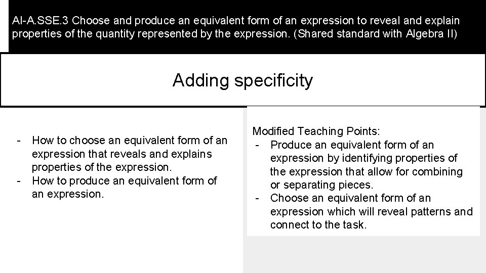 AI-A. SSE. 3 Choose and produce an equivalent form of an expression to reveal