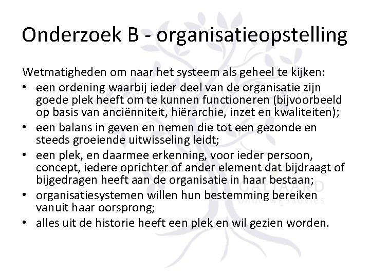 Onderzoek B - organisatieopstelling Wetmatigheden om naar het systeem als geheel te kijken: •