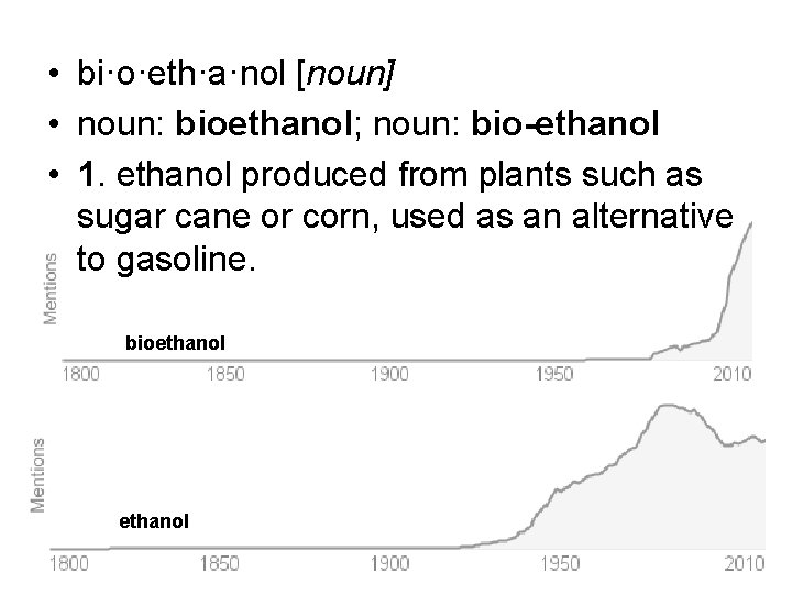  • bi·o·eth·a·nol [noun] • noun: bioethanol; noun: bio-ethanol • 1. ethanol produced from