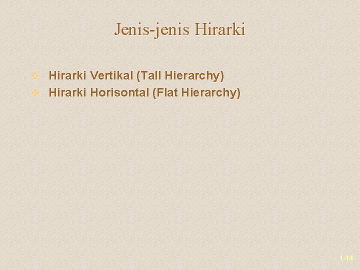 Jenis-jenis Hirarki v Hirarki Vertikal (Tall Hierarchy) v Hirarki Horisontal (Flat Hierarchy) 1 -14