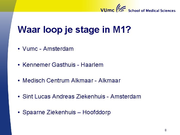 Waar loop je stage in M 1? • Vumc - Amsterdam • Kennemer Gasthuis