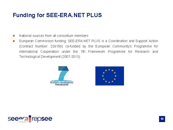 Funding for SEE-ERA. NET PLUS n National sources from all consortium members n European