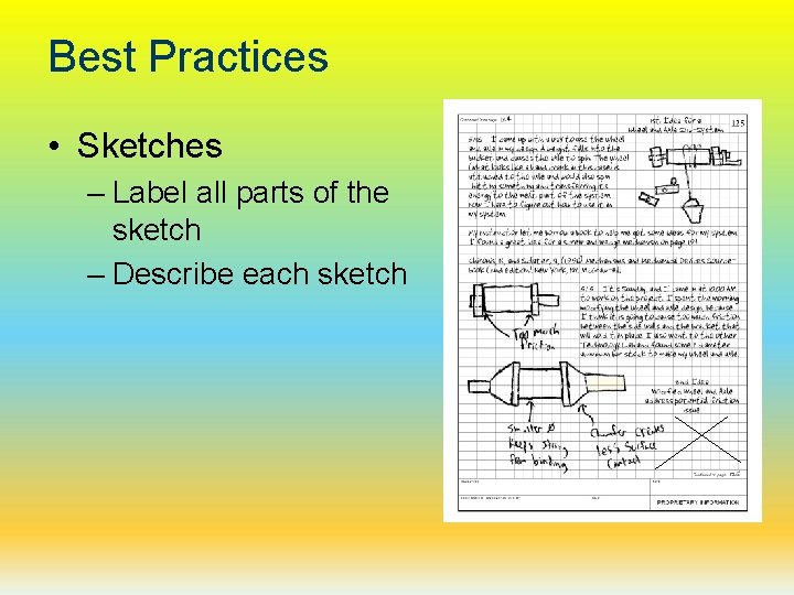 Best Practices • Sketches – Label all parts of the sketch – Describe each