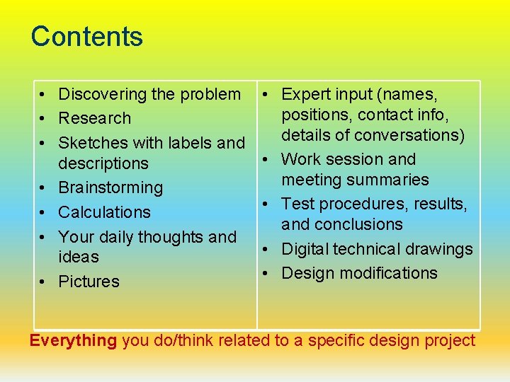 Contents • Discovering the problem • Research • Sketches with labels and descriptions •