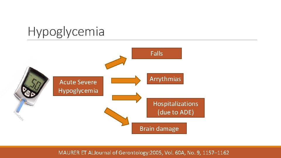 Hypoglycemia Falls Acute Severe Hypoglycemia Arrythmias Hospitalizations (due to ADE) Brain damage MAURER ET