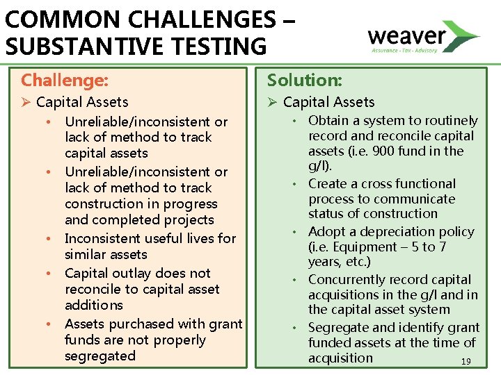 COMMON CHALLENGES – SUBSTANTIVE TESTING Challenge: Solution: Ø Capital Assets • Unreliable/inconsistent or Ø
