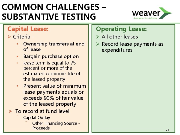 COMMON CHALLENGES – SUBSTANTIVE TESTING Capital Lease: Operating Lease: Ø Criteria • Ownership transfers