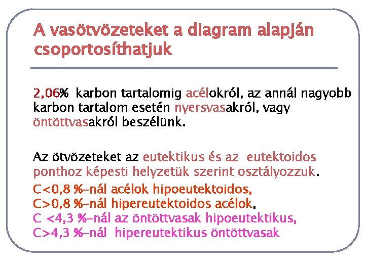 A vasötvözeteket a diagram alapján csoportosíthatjuk 2, 06% karbon tartalomig acélokról, az annál nagyobb