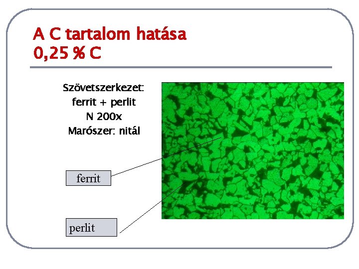 A C tartalom hatása 0, 25 % C Szövetszerkezet: ferrit + perlit N 200
