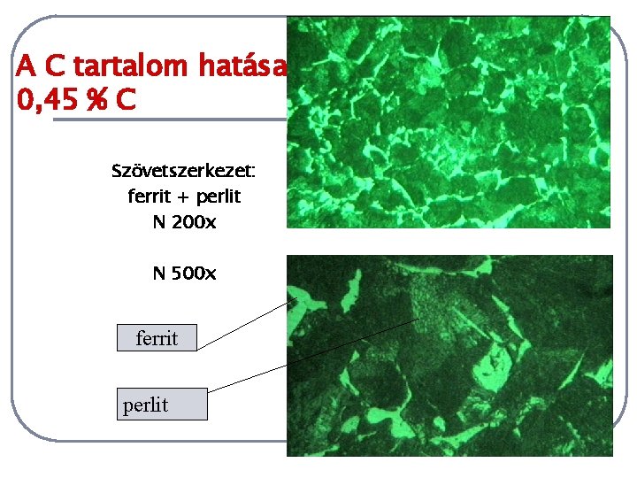 A C tartalom hatása 0, 45 % C Szövetszerkezet: ferrit + perlit N 200