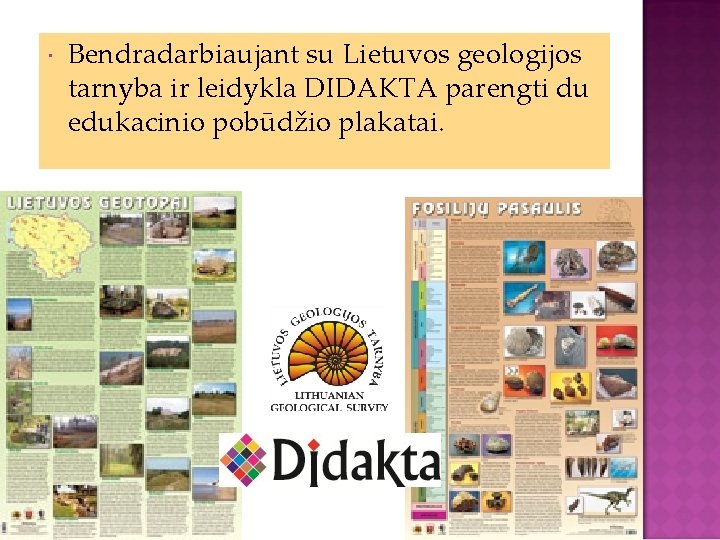  Bendradarbiaujant su Lietuvos geologijos tarnyba ir leidykla DIDAKTA parengti du edukacinio pobūdžio plakatai.