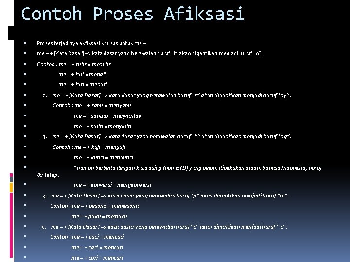 Contoh Proses Afiksasi Proses terjadinya akfiksasi khusus untuk me – + [Kata Dasar] –>