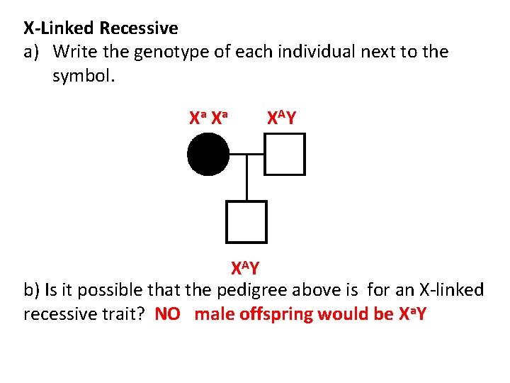 X-Linked Recessive a) Write the genotype of each individual next to the symbol. Xa