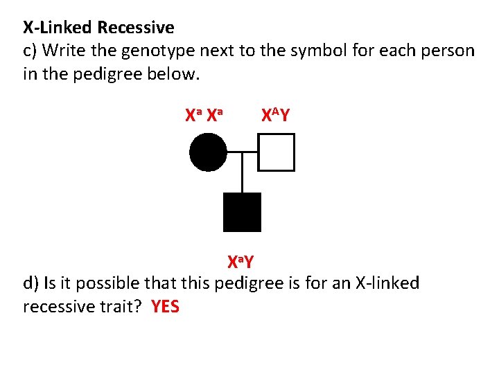 X-Linked Recessive c) Write the genotype next to the symbol for each person in