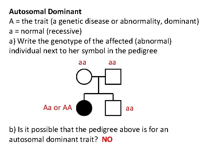 Autosomal Dominant A = the trait (a genetic disease or abnormality, dominant) a =