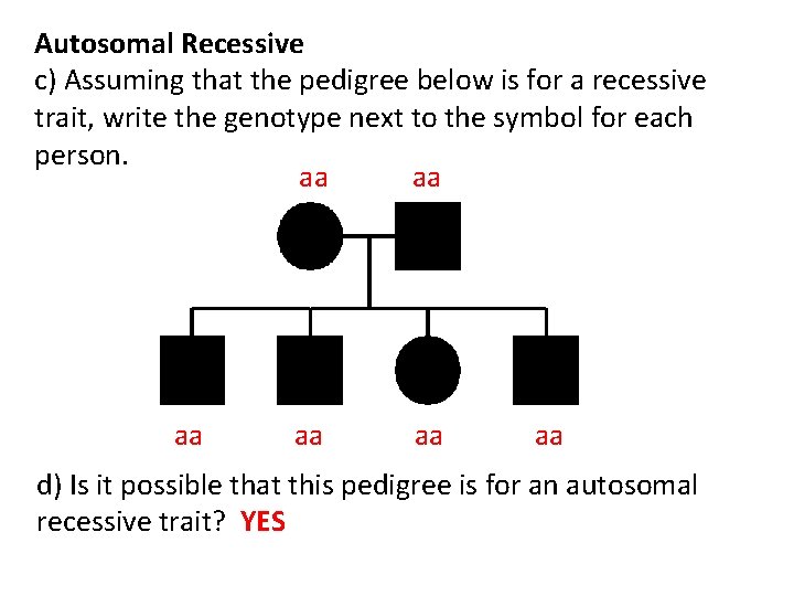 Autosomal Recessive c) Assuming that the pedigree below is for a recessive trait, write