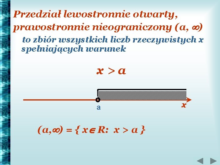 Przedział lewostronnie otwarty, prawostronnie nieograniczony (a, ) to zbiór wszystkich liczb rzeczywistych x spełniających