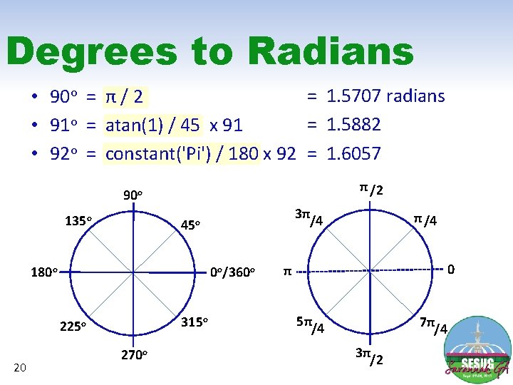 Degrees to Radians = 1. 5707 radians • 90 o = π / 2
