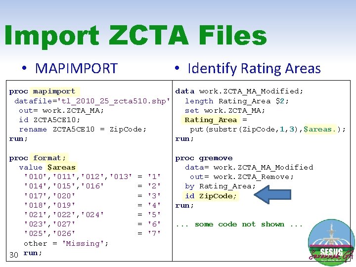 Import ZCTA Files • Identify Rating Areas • MAPIMPORT proc mapimport data work. ZCTA_MA_Modified;