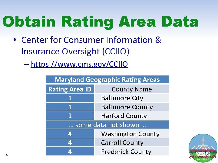 Obtain Rating Area Data • Center for Consumer Information & Insurance Oversight (CCIIO) –
