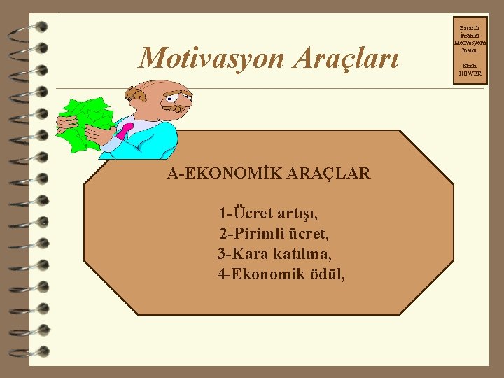 Motivasyon Araçları A-EKONOMİK ARAÇLAR 1 -Ücret artışı, 2 -Pirimli ücret, 3 -Kara katılma, 4