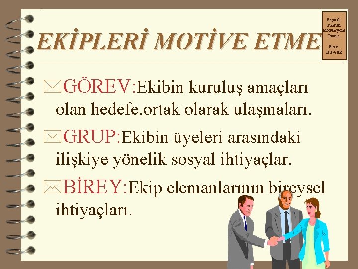 EKİPLERİ MOTİVE ETME Başarılı İnsanlar Motivasyona İnanır. *GÖREV: Ekibin kuruluş amaçları olan hedefe, ortak