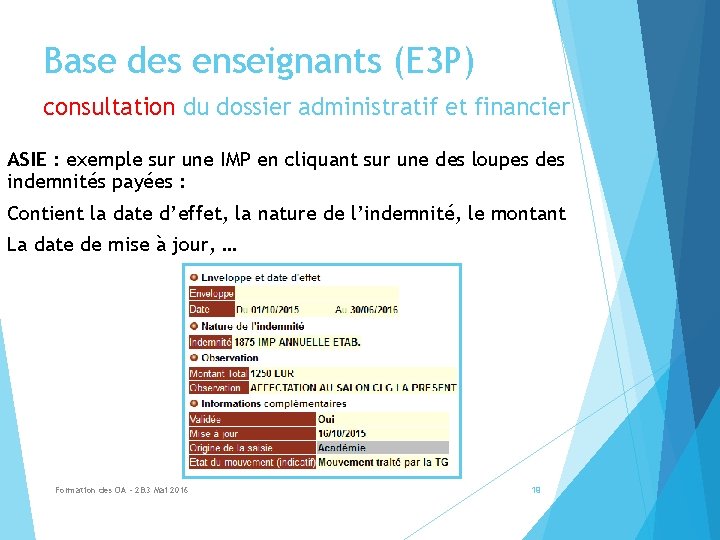 Base des enseignants (E 3 P) consultation du dossier administratif et financier ASIE :