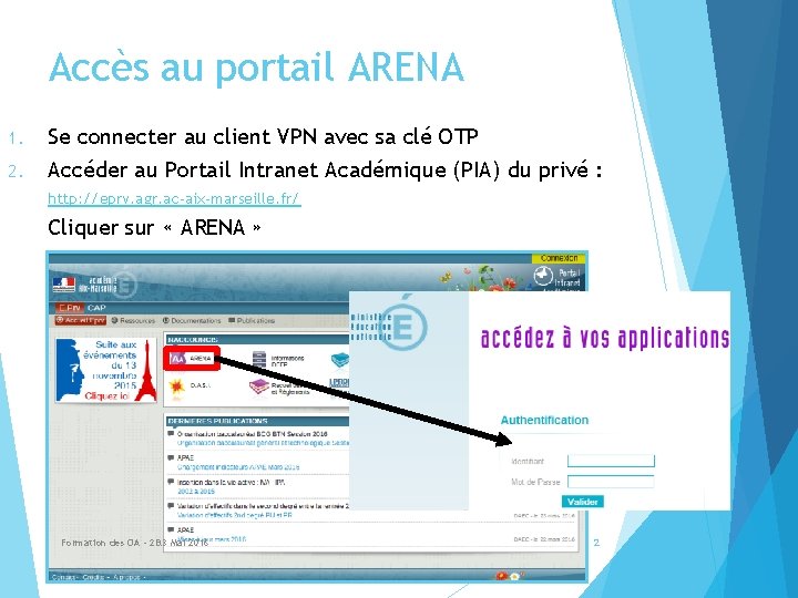 Accès au portail ARENA 1. 2. Se connecter au client VPN avec sa clé