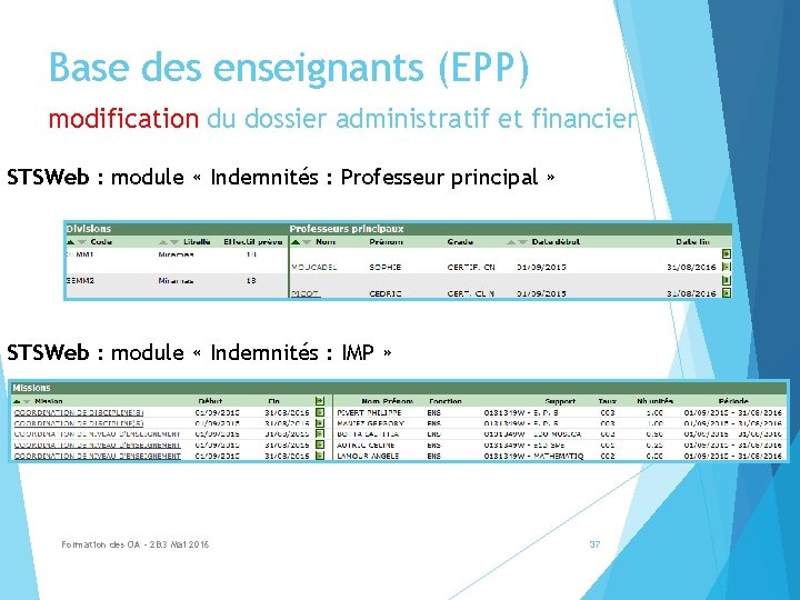 Base des enseignants (EPP) modification du dossier administratif et financier STSWeb : module «