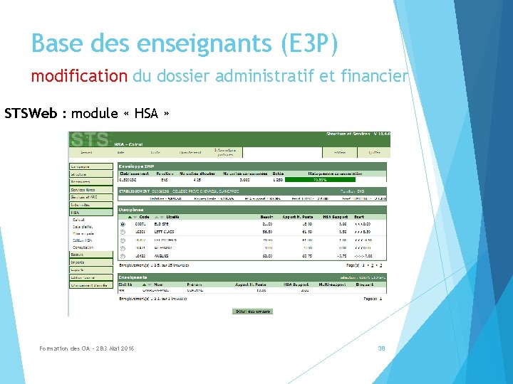 Base des enseignants (E 3 P) modification du dossier administratif et financier STSWeb :