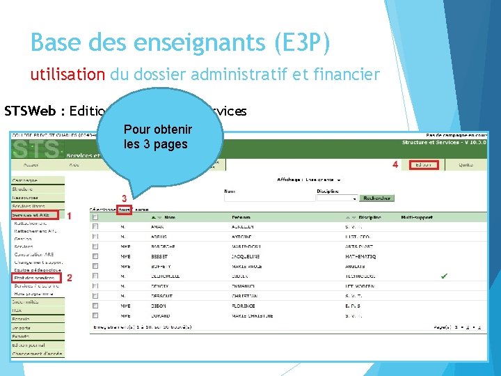 Base des enseignants (E 3 P) utilisation du dossier administratif et financier STSWeb :