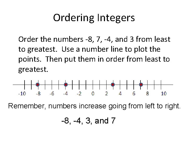 Ordering Integers Order the numbers -8, 7, -4, and 3 from least to greatest.
