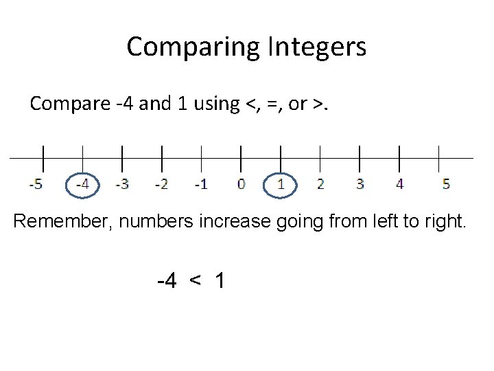 Comparing Integers Compare -4 and 1 using <, =, or >. Remember, numbers increase
