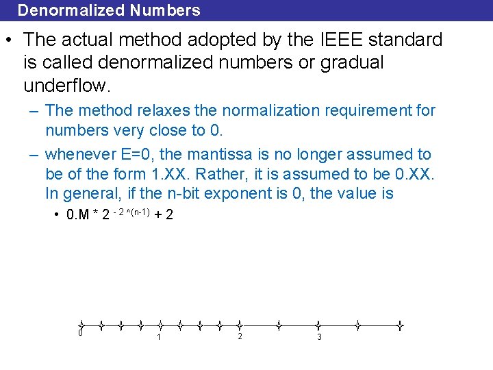 Denormalized Numbers • The actual method adopted by the IEEE standard is called denormalized