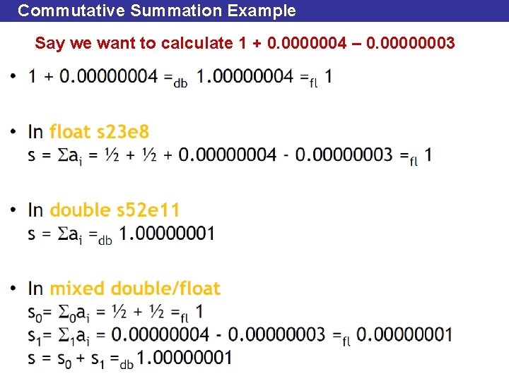 Commutative Summation Example Say we want to calculate 1 + 0. 0000004 – 0.