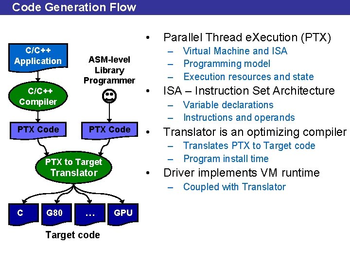 Code Generation Flow • C/C++ Application ASM-level Library Programmer C/C++ Compiler PTX Code Parallel