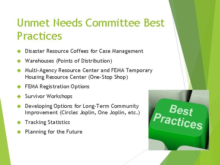Unmet Needs Committee Best Practices Disaster Resource Coffees for Case Management Warehouses (Points of