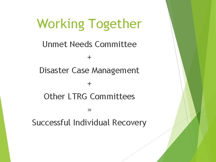 Working Together Unmet Needs Committee + Disaster Case Management + Other LTRG Committees =