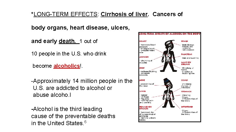 *LONG-TERM EFFECTS: Cirrhosis of liver. Cancers of body organs, heart disease, ulcers, and early