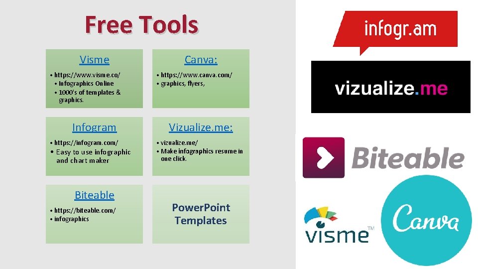 Free Tools Visme • https: //www. visme. co/ • Infographics Online • 1000's of