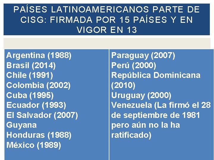 PAÍSES LATINOAMERICANOS PARTE DE CISG: FIRMADA POR 15 PAÍSES Y EN VIGOR EN 13